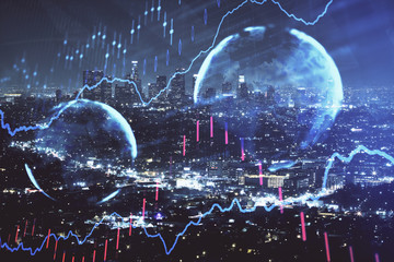 Financial graph on night city scape with tall buildings background multi exposure. Analysis concept.