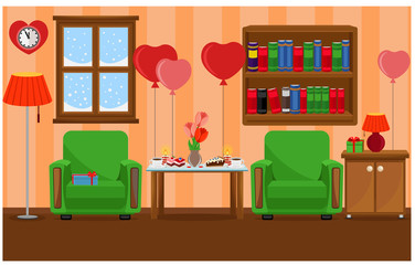 Vector illustration of the interior of the room prepared for the celebration of Valentine's day. Furniture, treats, romance.