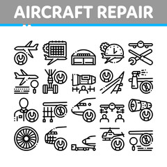 Aircraft Repair Tool Collection Icons Set Vector Thin Line. Aircraft Engine And Chassis, Helicopter And Airplane, Master And Hangar Concept Linear Pictograms. Monochrome Contour Illustrations