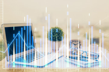 Forex Chart hologram on table with computer background. Double exposure. Concept of financial markets.