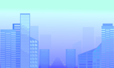 Naklejka premium City landscape, foggy morning. Downtown. The road and the lights, the glare in the Windows. The sky and buildings are blue.