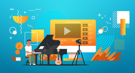 musical blogger recording online video for vlog male vlogger playing classical piano blogging concept full length horizontal vector illustration © mast3r