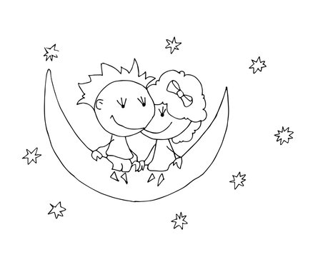 Coloring book for kids - smiling boy with a girl are sitting on the moon. Valentines day. 14 February. Black and white cute cartoon hand drawing kids. Vector illustration