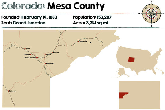 Large And Detailed Map Of Mesa County In Colorado, USA.