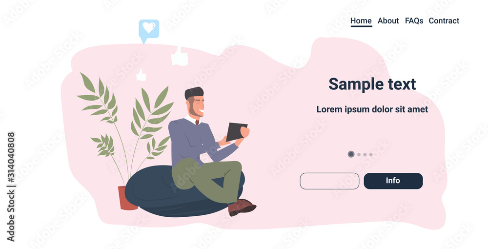 Poster man using mobile application on tablet pc online communication social media network concept guy sitt