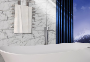 Modern interior of bathroom with the view of the mountain