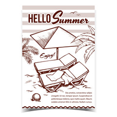 Hello Summer Vacation Advertise Banner Vector. Towel On Summer Beach Deck Chair, Parasol, Ball On Sand And Palm Green Leaves. Seascape Relax Concept Template Hand Drawn In Vintage Style Illustration