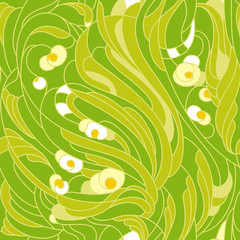 White orchids with long green leaves. Seamless pattern with a stylized plant in the stained-glass window style.