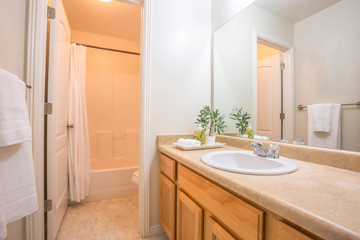 Modern bathroom interior with white wall and view of bathtub toilet and vanity