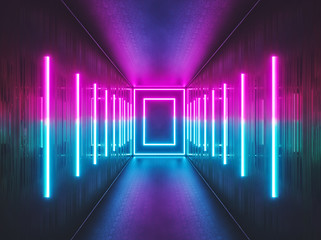 glowing lines, interior room tunnel, pink and blue neon lights, virtual reality, abstract background, vibrant colors, laser show. 3d rendering