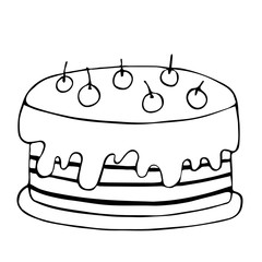 A simple cake with cherries. Hand-drawn illustration, black lines on white, Doodle, sketch, cute, funny, childish. For decorating pastry shops, cafes, holidays, birthday parties.