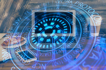 Double exposure of computer and technology theme drawing. Concept of innovation.