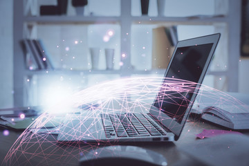 Computer on desktop with social network theme icon. Multi exposure. Concept of international...