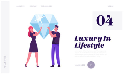 Loyalty Program for Regular Clients Website Landing Page. Man and Woman Hold Huge Brilliant in Hands with Gold Coins and Stars around. Purchase Benefit Web Page Banner Cartoon Flat Vector Illustration