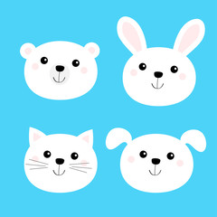 Cat kitten, bear, dog, rabbit hare. Animal head face round icon set. White color. Cute cartoon kawaii funny baby character. Flat design. Isolated. Blue background.