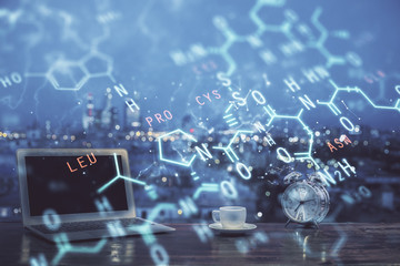 Desktop computer background and formula hologram writing. Double exposure. Education concept.
