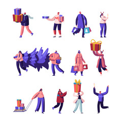 Set of Happy People Carry Gift Boxes and Fir Tree in Hands and Sled. Male Female Characters Hurry for Christmas Celebration with Family and Friends on Winter Holidays Cartoon Flat Vector Illustration