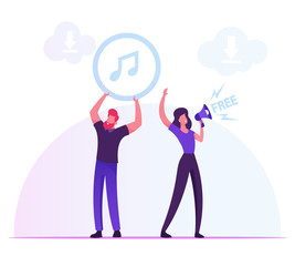 Free Download Services and Internet Content Piracy Concept. Woman Crying to Loudspeaker, Man Holding Music Icon above Head People Using Torrent for Transfer Files Cartoon Flat Vector Illustration