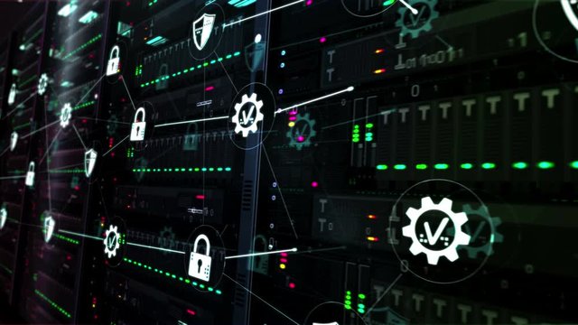Futuristic datacenter with cyber security, digital protection and computer safety symbols. Modern servers room digital seamless loopable 3d rendering concept animation.