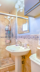 Vertical frame New construction modern home interior with model furniture and interior design setting before going into the real estate market