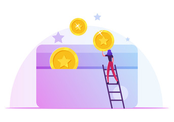 Woman Stand on Ladder Put Golden Coins to Plastic Card. Discount and Loyalty Program Customer Service, Rewards Points and Bonus System to Regular Clients Concept. Cartoon Flat Vector Illustration