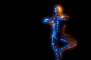 3d man doing yoga exercise in tree pose isolated on black background