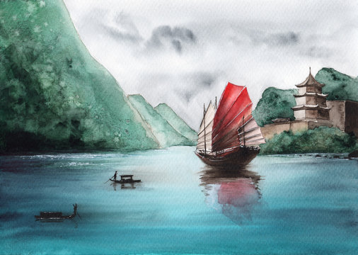  Watercolor picture of a chinese  sailing ship on the aquamarine sea  among green mountains