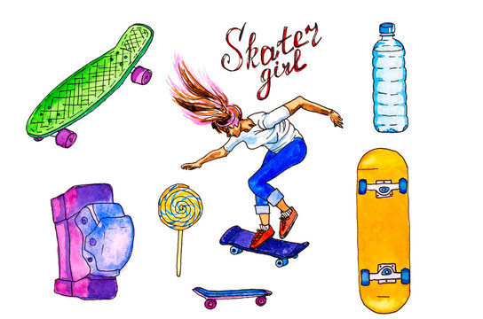 Hand drawn watercolor Skatebaording set: skateboards, jumping girl, bottle of water and knee pad (isolated on white background)