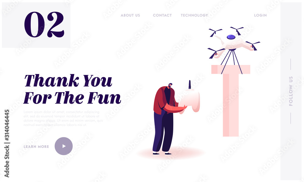 Poster alphabet element, futuristic technologies website landing page. happy man control quadcopter which c