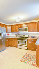 Vertical Model home kitchen in southern California ready for a real estate shoot with a custom table