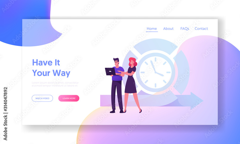 Poster agile development technology website landing page. teamwork on project. businessman work on laptop d