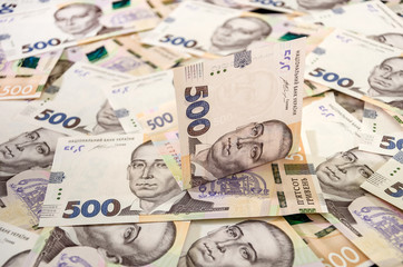 banknotes, face value of 500 hryvnia, a lot of hryvnia for the background. Ukrainian money.