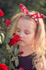 curly haired blonde baby girl holding and sniffing a red rose Bush in summer