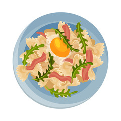 Pasta with Sliced Bacon and Scrambled Egg Served on Plate Vector Illustration