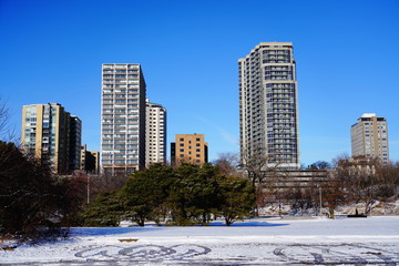 Cold winter January landscape view of east side of the city of Milwaukee, Wisconsin. 