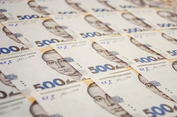 banknotes, face value of 500 hryvnia, a lot of hryvnia for the background. Ukrainian money.