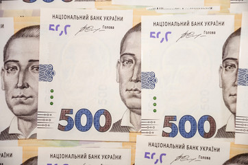 banknotes, face value of 500 hryvnia, a lot of hryvnia for the background. Ukrainian money.