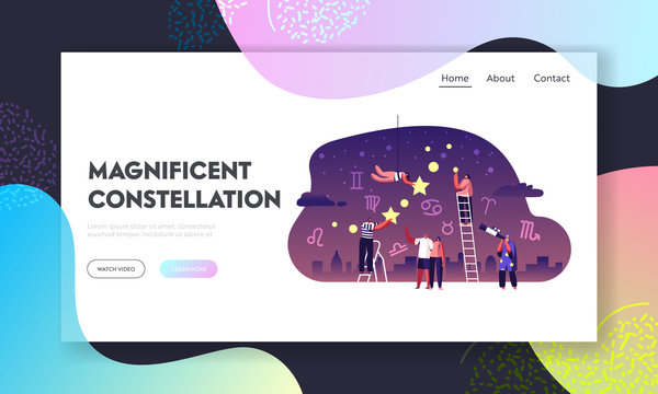 People Look at Stars and Constellations Website Landing Page. Astrologer Watching at Night Starry Sky through Telescope. Astronomy Space Science Hobby Web Page Banner. Cartoon Flat Vector Illustration