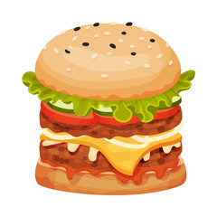Tasty Burger, Bun with Sesame Seeds, Cucumber, Meat Cutlet, Tomato, Onion, Lettuce, Ketchup and Mustard Bottles Vector Illustration