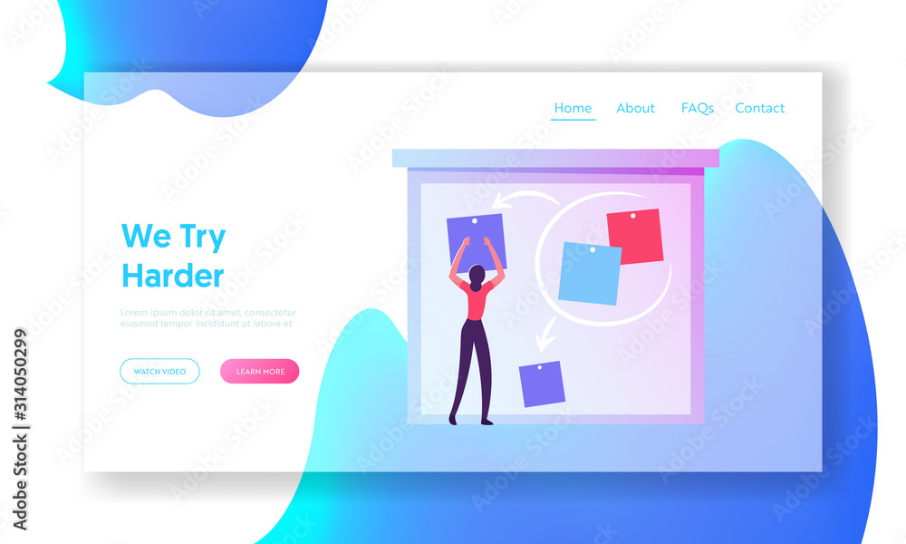 Poster agile software development website landing page. business woman put stick notes on board create stra