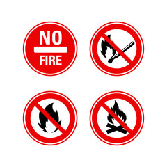 con forbidding fire, making a furnace, and burning something. Round fire ban signs o prevent making fire. Warning danger of igniting fire in a forest.