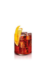 Isolated americano, cocktail with ice cube and orange slice. With reflection