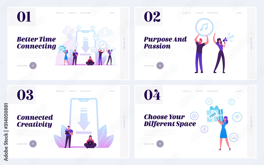 Poster free download service in internet website landing page set . people saving media files and informati