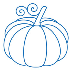 pumpkin with stalk and curl, blue linear icon on white isolated background