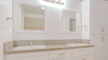 Panorama frame Bright white bathroom with white towel