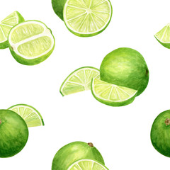 Watercolor lime seamless pattern. Hand drawn botanical illustration of citrus slices and fruit split isolated on white background.