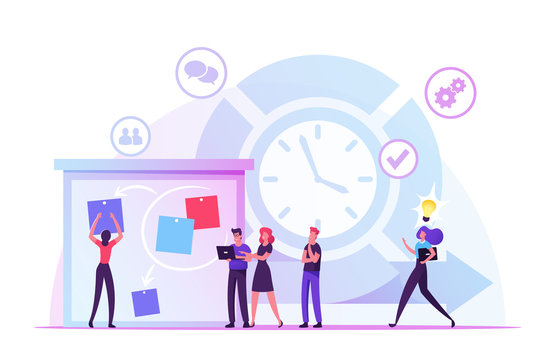 Agile Development Software Methodology Concept. People Sticking Papers on Big Organizer, Planning and Analyzing Working Process, Scrum Task Board Team Work Lifecycle. Cartoon Flat Vector Illustration
