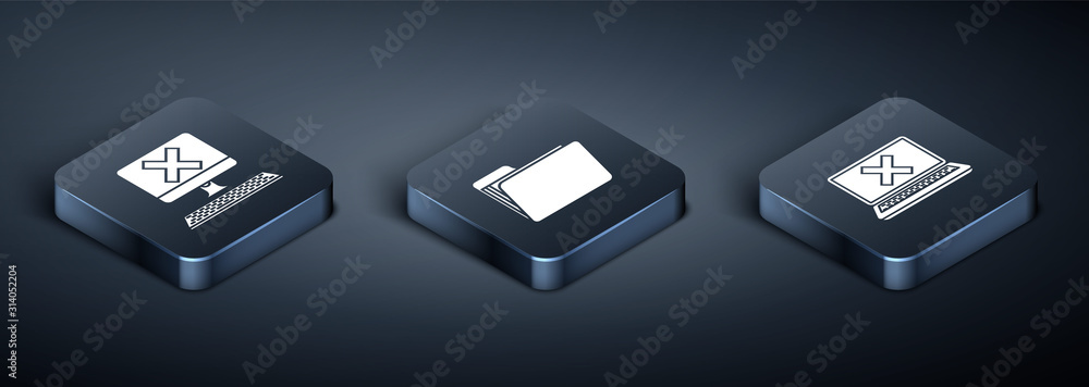 Poster set isometric computer with keyboard and x mark, laptop and cross mark on screen and document folder
