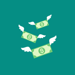 dollar banknotes with white wings. Flat blue background. Flying money. Economy, finance, money pictogram.