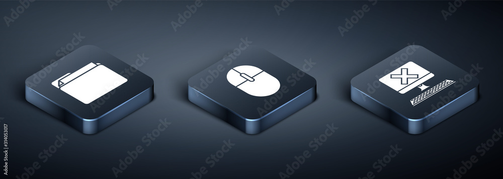 Aufkleber set isometric document folder, computer with keyboard and x mark and computer mouse icon. vector